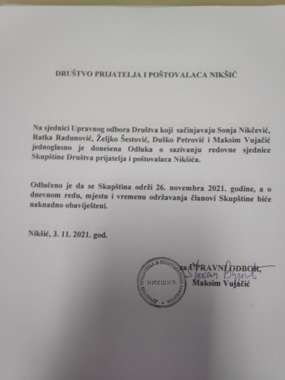 Sazvana redovna godišnja sjednica Društva prijatelja i poštovalaca Nikšića